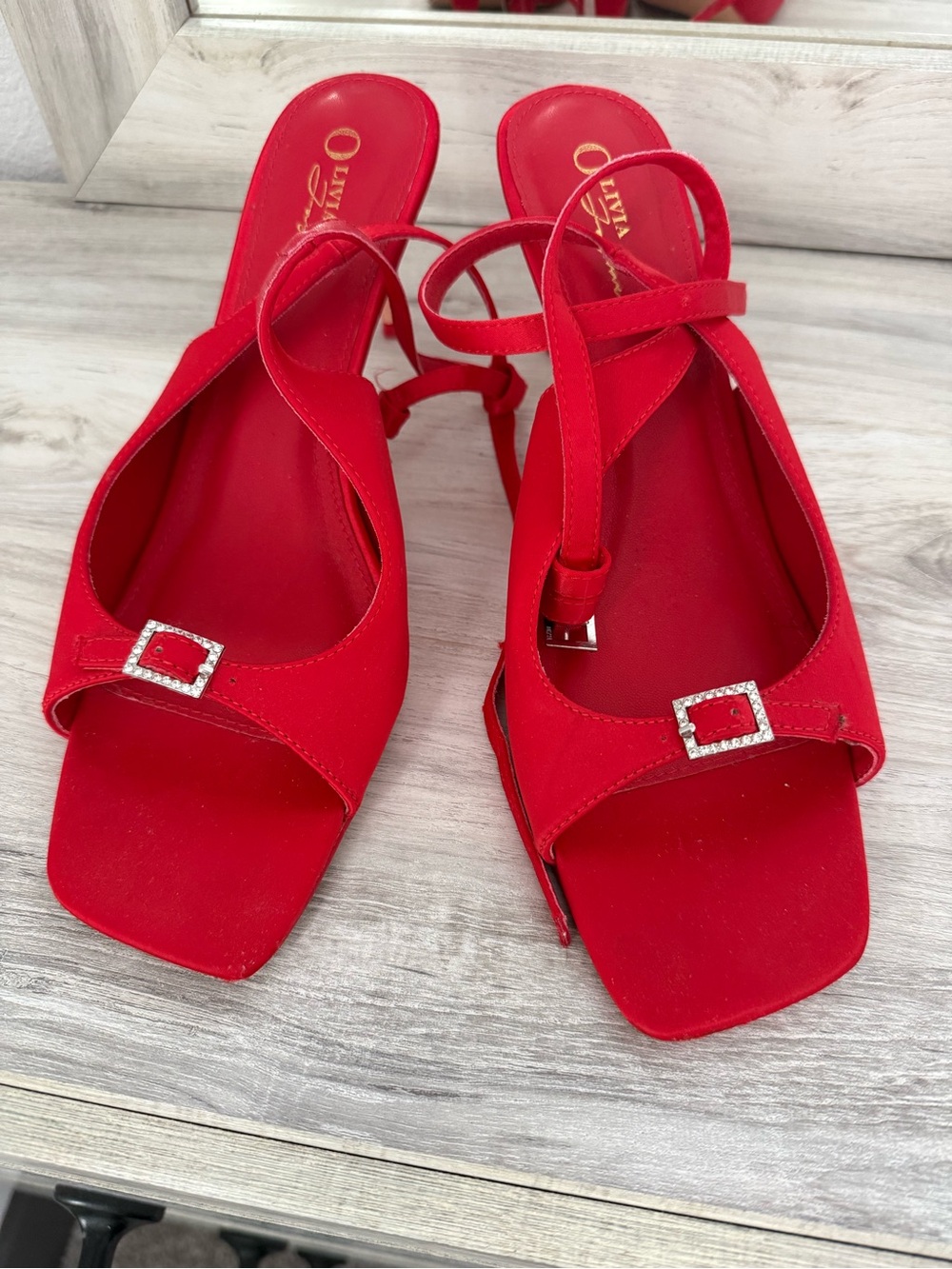 Red Strappy Heeled Sandals with Rhinestone Buckles